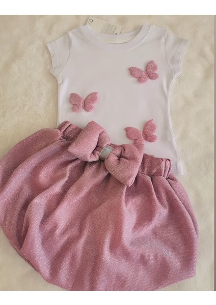 Kız Çocuk Alt Üst Takım Simli Fiyonklu Balon Etekli Dokuma Kelebek Figürlü 2'li Takım Pembe fiyatları