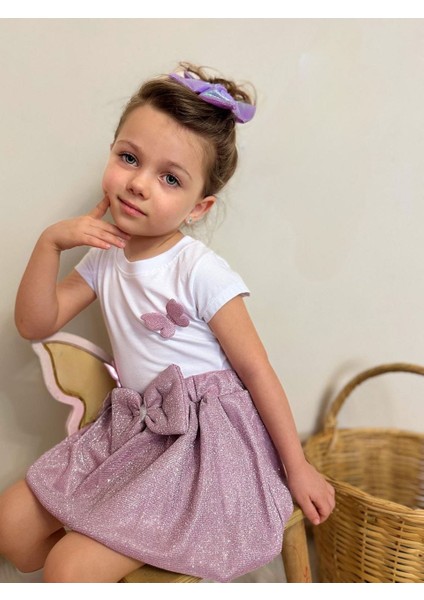 Kız Çocuk Alt Üst Takım Simli Fiyonklu Balon Etekli Dokuma Kelebek Figürlü 2'li Takım Pembe modelleri
