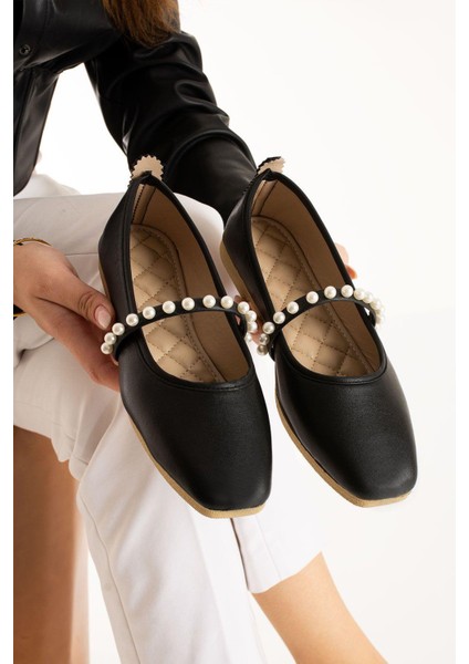 Kadın Siyah Cilt İncili Babet Ev ve Dış Mekan Ayakkabısı