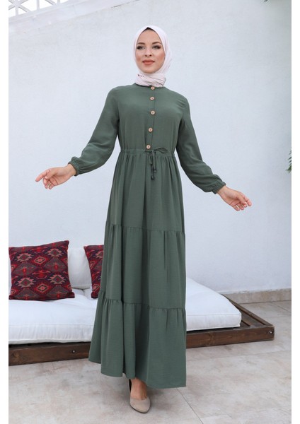 Büzgülü Düğmeli Aerobin Elbise Haki