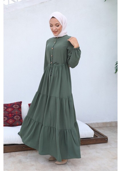 Büzgülü Düğmeli Aerobin Elbise Haki modelleri