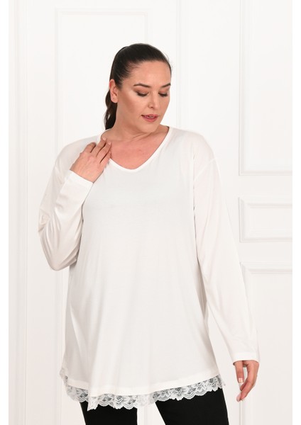 Kadın Etek Ucu Güpür Dantel Detaylı Büyük Beden Bluz 1386-23