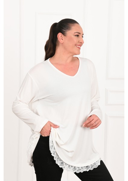 Kadın Etek Ucu Güpür Dantel Detaylı Büyük Beden Bluz 1386-23 indirimleri