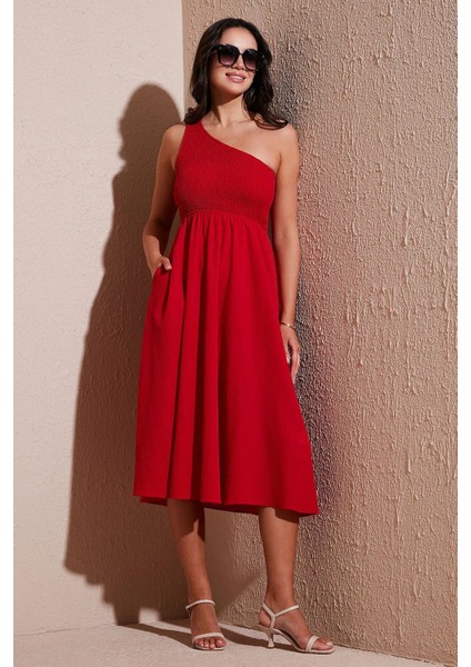 Tek Omuz Lastik Gipeli Pamuklu Midi Elbise fiyatları