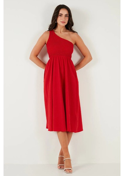 Tek Omuz Lastik Gipeli Pamuklu Midi Elbise fırsatları