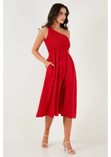 Tek Omuz Lastik Gipeli Pamuklu Midi Elbise