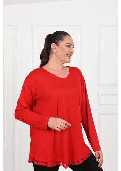 Kadın Etek Ucu Güpür Dantel Detaylı Büyük Beden Bluz 1386-23 fırsatları