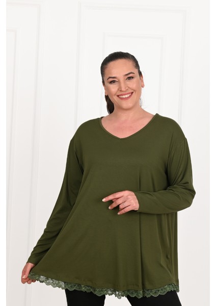 Kadın Etek Ucu Güpür Dantel Detaylı Büyük Beden Bluz 1386-23 fırsatları