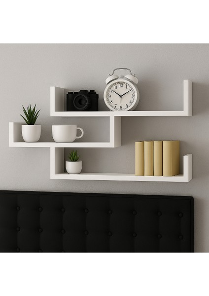 3 Katlı Duvar Rafı – Modern Beyaz Mdf Kitaplık, Dekoratif Raf Ünitesi