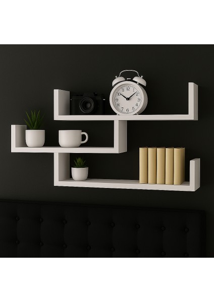 3 Katlı Duvar Rafı – Modern Beyaz Mdf Kitaplık, Dekoratif Raf Ünitesi
