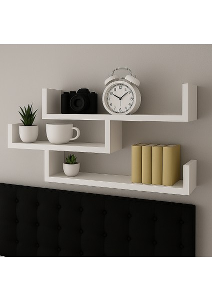 3 Katlı Duvar Rafı – Modern Beyaz Mdf Kitaplık, Dekoratif Raf Ünitesi