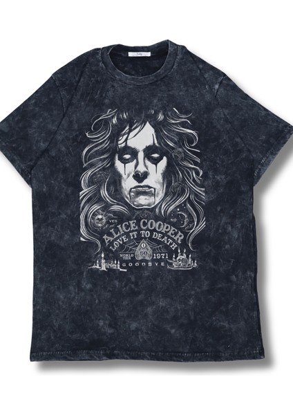 Unisex Alice Cooper Baskılı Yıkamalı Tişört, Oversize Rock-Metal Baskılı Vintage T-Shirt