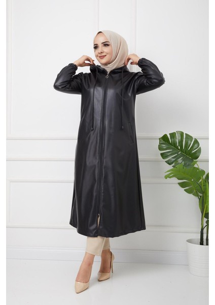 Kapüşonlu Deri Kap Siyah