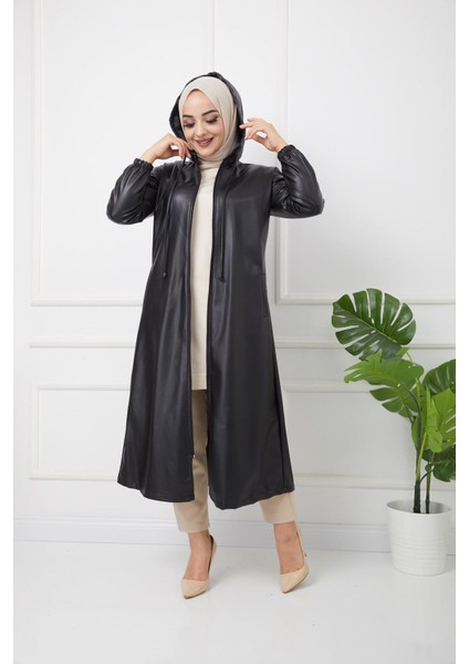 Kapüşonlu Deri Kap Siyah modelleri