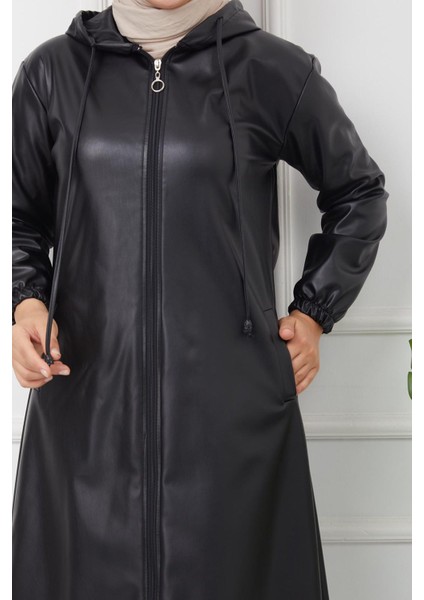 Kapüşonlu Deri Kap Siyah fırsatları