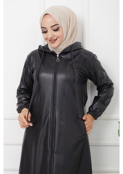 Kapüşonlu Deri Kap Siyah indirimleri