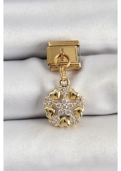 316L Çelik Sallantılı Zirkon Taşlı Kalp Detaylı Yıldz Model Gold Renk Nomination Charm - TJ-BC1415