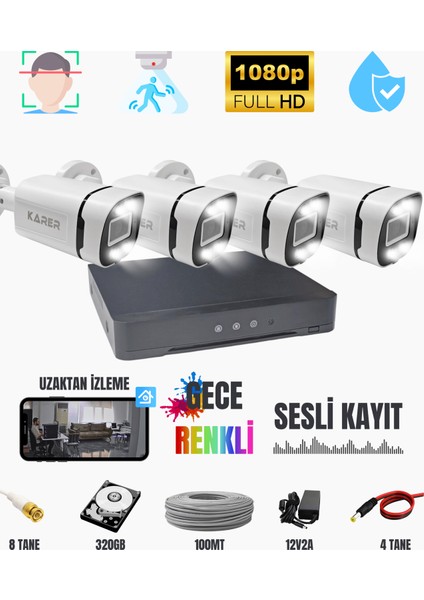 Exitcam 4'lü Ses Kayıtlı Ahd Kamera Seti 1080P Fullhd Gece Renkli + Dvr + 320GB HDD + Kablo