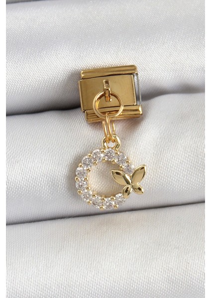 316L Çelik Sallantılı Zirkon Taşlı Kelebek Detaylı Halka Model Gold Renk Nomination Charm - TJ-BC1440