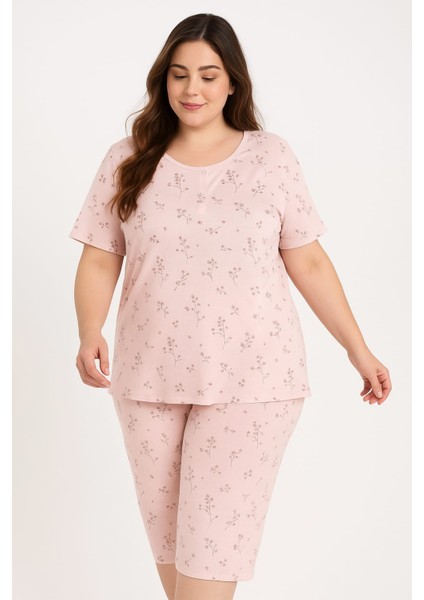 Açık Pembe Renk Dal Desenli Büyük Beden Kaprili Pijama Takımı/battal Beden
