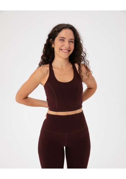 Bordo Kahverengi Organik Pamuk, Yüzücü Sırt, U Yaka, Dikiş Detaylı, Göğüs Pedli Active Organik Pamuk Bra