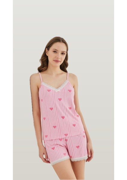 Ip Askılı Dantel Detaylı Şortlu Kalpli Pembe Yazlık Pijama Takımı