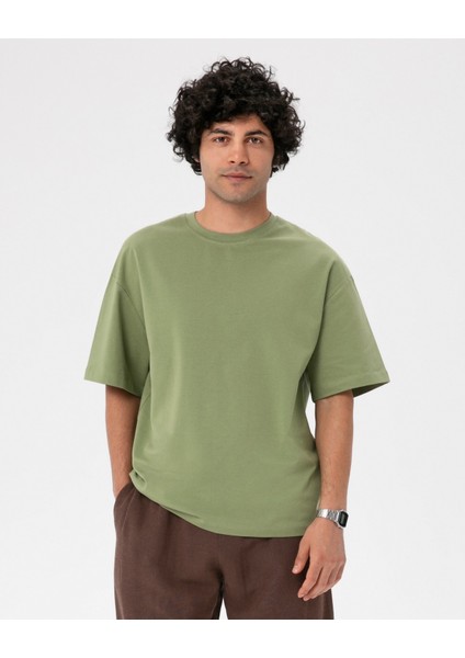Erkek Açık Yeşil Oversize T-Shirt - Organik Pamuk, Düşük Omuz, Geniş Kalıp, Bisiklet Yaka, Spor Görünüm