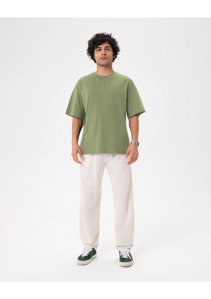 Erkek Açık Yeşil Oversize T-Shirt - Organik Pamuk, Düşük Omuz, Geniş Kalıp, Bisiklet Yaka, Spor Görünüm modelleri