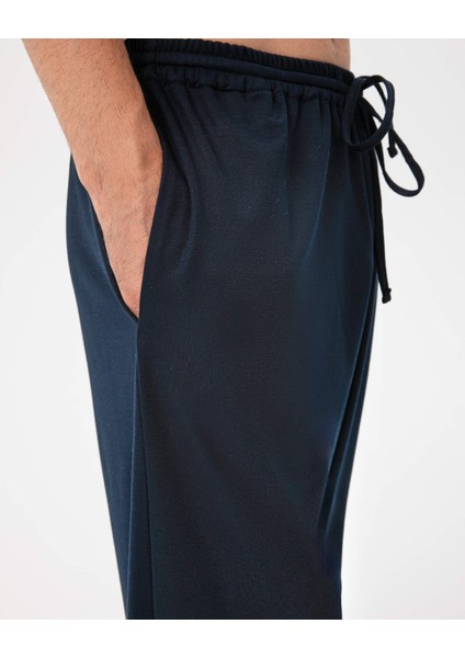 Erkek Lacivert Ev Pantolonu - Viskoz Karışım, Bel Lastikli Bağcıklı, Cepli, Rahat Pijama/Ev Pantolonu modelleri