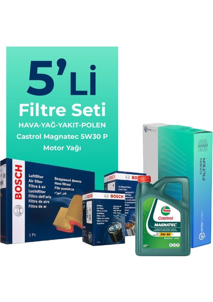 Peugeot 308 1.5 Dizel Filtre Bakım Seti Castrol Motor Yağlı (2019-2024) 5 Li