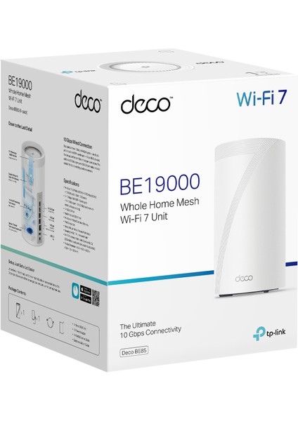 Deco BE85 (1-Pack) | Wi-Fi 7 Mesh Sistemi | BE19000 Mbps | Fiber Uyumlu | Üç Bant | AI-Roaming | 10 Gbps Port | 6 GHz | 200 Cihaz | WPA3 | VPN | Mobil Uygulama ile Kolay Kurulum