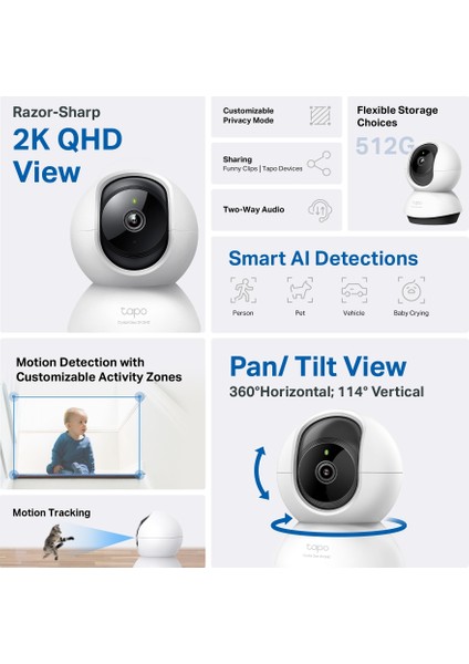 Tapo C220 | Akıllı Wi-Fi Güvenlik Kamerası | 2K 4MP | Yapay Zeka Destekli | 360° Hareket Takibi | 9m Gece Görüşü | Çift Yönlü Ses | Bebek Ağlaması Tespiti | Bulut/SD Kart Depolama