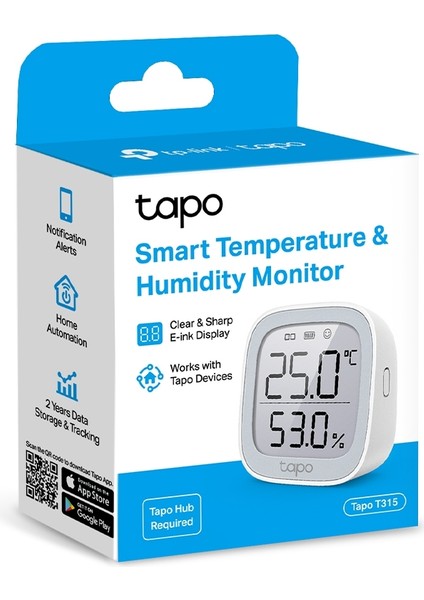 Tapo T315, Akıllı Sıcaklık ve Nem Monitörü, Ücretsiz Veri Depolama, LCD Ekran, Gerçek Zamanlı Bildirimler, Pil Dahildir, Alexa ve Google Home ile Çalışır, Tapo Hub Gereklidir Ayrıca Satılır