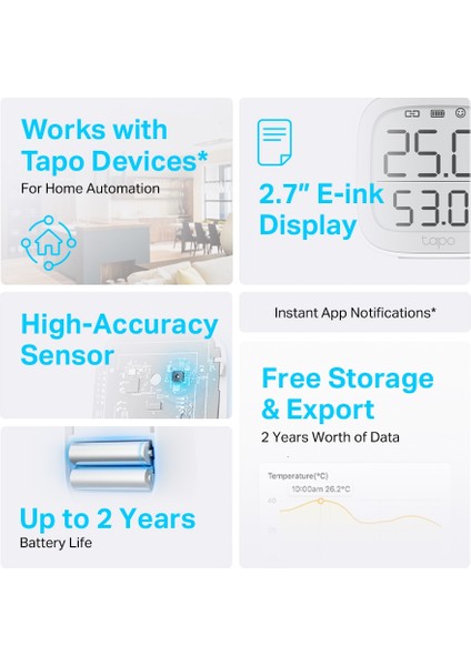 Tapo T315, Akıllı Sıcaklık ve Nem Monitörü, Ücretsiz Veri Depolama, LCD Ekran, Gerçek Zamanlı Bildirimler, Pil Dahildir, Alexa ve Google Home ile Çalışır, Tapo Hub Gereklidir Ayrıca Satılır