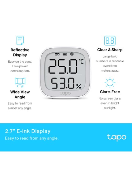 Tapo T315, Akıllı Sıcaklık ve Nem Monitörü, Ücretsiz Veri Depolama, LCD Ekran, Gerçek Zamanlı Bildirimler, Pil Dahildir, Alexa ve Google Home ile Çalışır, Tapo Hub Gereklidir Ayrıca Satılır