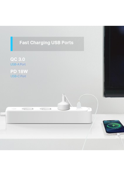 Tapo P300 | 3’lü Wi-Fi Akıllı Priz | 18W Hızlı Şarj | Uzaktan Kontrol | Alexa | Google Home | Apple HomeKit Uyumlu | 1.5m Kablo | Kolay Kurulum