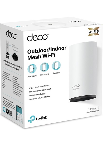 Deco X50-Outdoor(1-Pack) Dış Mekan/İç Mekan Wi-Fi 6 Mesh Ünitesi | AX3000 Mbps Hız | Fiber Uyumlu | Çift Bant | 1 Gbps Port | 230 m² 'ye Kadar Kapsama | Toza ve Suya Dayanıklılık