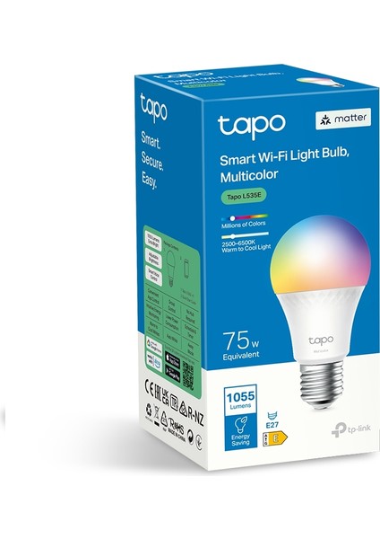 Tapo L535E, Matter Wi-Fi LED Akıllı Ampul, Çok Renkli, 8,6W, Enerji Izleme, Apple Homekits, Amazon Alexa ve Google Home ile Çalışır, Renk Değiştirilebilir, Hub Gerekmez