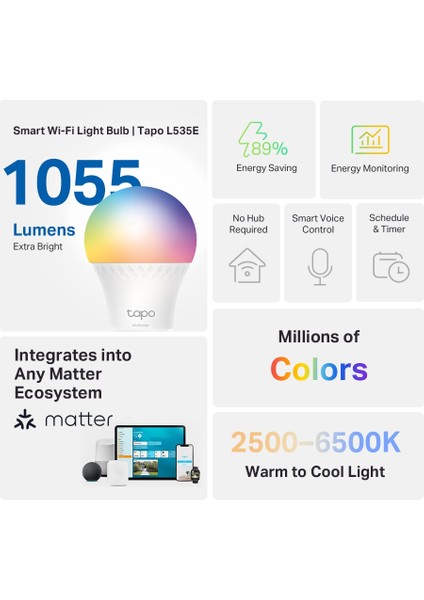 Tapo L535E, Matter Wi-Fi LED Akıllı Ampul, Çok Renkli, 8,6W, Enerji Izleme, Apple Homekits, Amazon Alexa ve Google Home ile Çalışır, Renk Değiştirilebilir, Hub Gerekmez