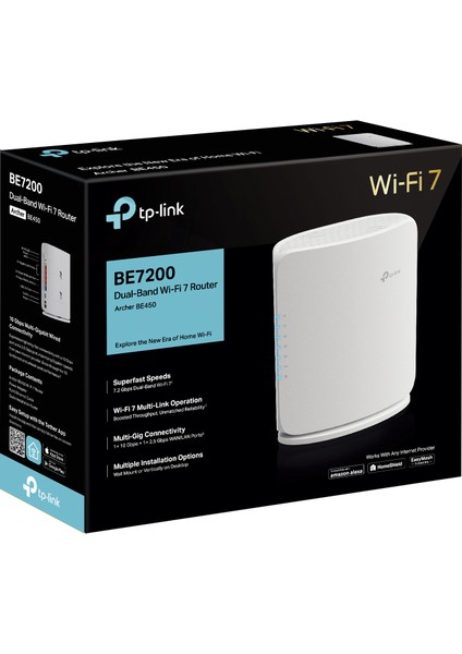 Archer BE450 | Dual-Band Wi-Fi 7 Router | Fiber Destekli | BE7200 Mbps | 1× 10 Gbps WAN + 1× 2.5 Gbps LAN + 3× 1 Gbps Port | 6GHz 320 MHz Kanal | VPN Destekli | EasyMesh Uyumlu | HomeShield