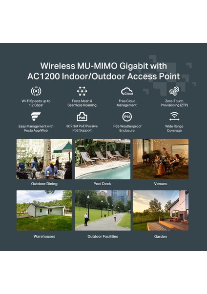 Festa F52-OUTDOOR, AX1800MBPS, 1 Gigabit Port, Festa Mesh, Kesintisiz DOLAŞIM,IP65 Sertifikalı, Ücretsiz Bulut Yönetimi, 802.3AT ve Pasif Poe Destekli, Dual-Band Wi-Fi 5 Dış Mekan Access Point