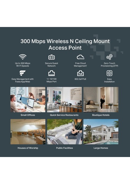 Festa F41, N300MBPS, 10/100 Port, Festa Mesh, Kesintisiz Dolaşım, Ücretsiz Bulut Yönetimi, Poe ve Güç Adaptörü, Wi-Fi 4 Tavan Tipi Access Point