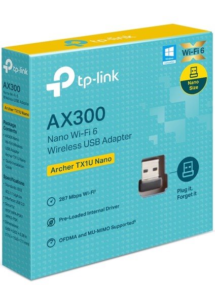Archer TX1U Nano | Wi-Fi 6 USB Adaptör | AX300 Mbps | Nano Boyut | MU-MIMO | AP Modu | Kolay Kurulum | Windows & Linux Uyumlu | Seyahat ve Uzaktan Çalışma İçin İdeal