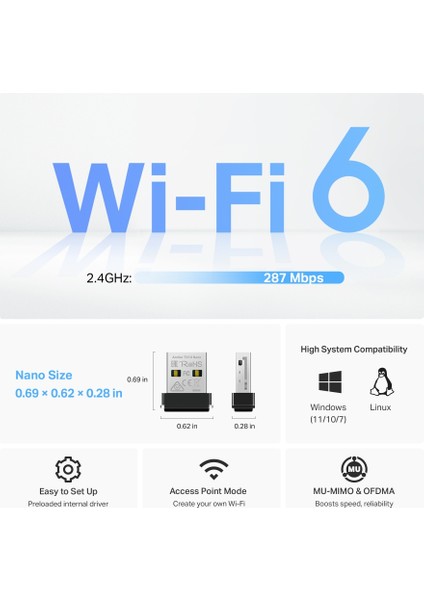 Archer TX1U Nano | Wi-Fi 6 USB Adaptör | AX300 Mbps | Nano Boyut | MU-MIMO | AP Modu | Kolay Kurulum | Windows & Linux Uyumlu | Seyahat ve Uzaktan Çalışma İçin İdeal