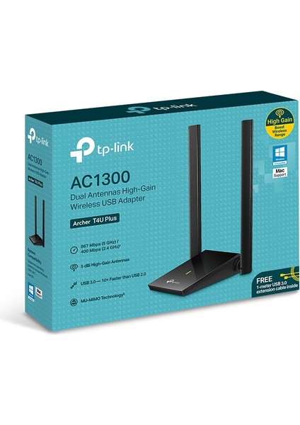 Archer T4U Plus | Wi-Fi 5 USB Adaptör | AC1300 Mbps | Dual Band | USB 3.0 | Çift Yüksek Kazançlı Anten | MU-MIMO | Ayarlanabilir Anten | Kolay Kurulum | Geniş Kapsama Alanı