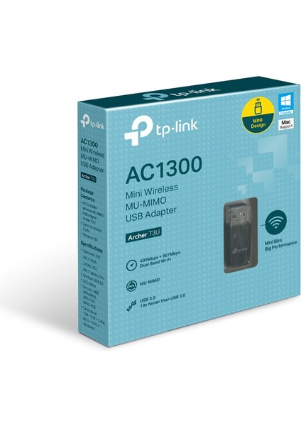 Archer T3U | Wi-Fi 5 USB Adaptör | AC1300 Mbps | Dual-Band | Mini Tasarım | MU-MIMO | USB 3.0 | Kolay Kurulum | Windows & Mac Uyumlu