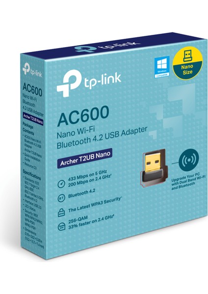Archer T2UB Nano | Wi-Fi 5 & Bluetooth 4.2 USB Adaptör | AC600 Mbps | Dual Band | Nano Tasarım | Gelişmiş Güvenlik | Windows Uyumlu