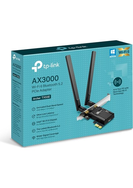 Archer TX55E | Wi-Fi 6 & Bluetooth 5.2 PCIe Adaptör | AX3000 Mbps | Intel Yonga Seti | İki Anten & Özel Soğutucu | 1024-QAM | Ultra Düşük Gecikme | Windows 10/11 Uyumlu