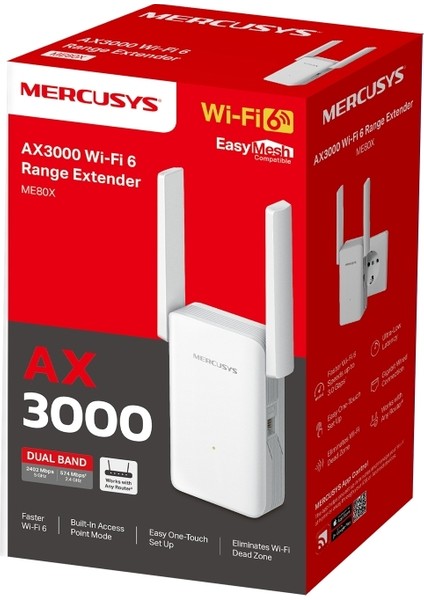 ME80X | AX3000 Mbps Dual-Band Wi-Fi 6 Menzil Genişletici | 1 Gigabit Port | 2 Harici Anten | Access Point Modu | Kolay Kurulum | Mobil Uygulama Destekli