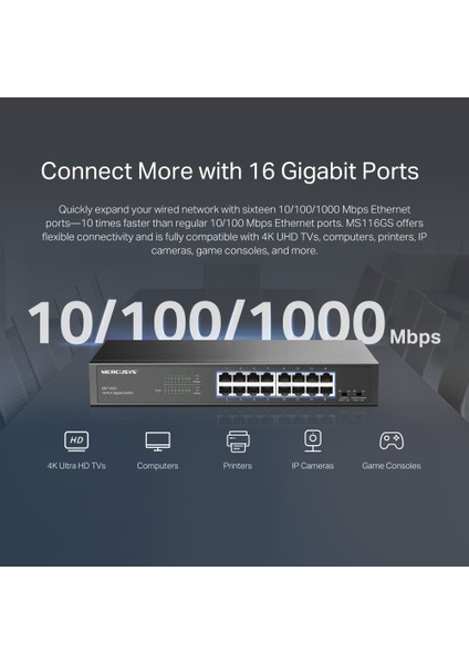 MS116GS; 16X Gigabit Ethernet Port, Metal Kasa, Izolasyon Modu, Sessiz Çalışma Modu, Gigabit Ethernet Switch